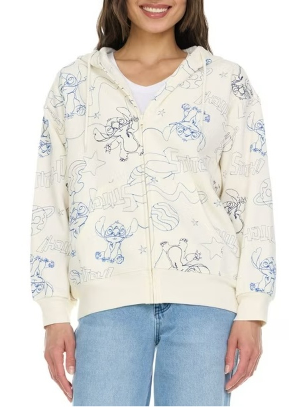 Disney Lilo & Stitch Full Zip Hoodie Cream Blue Graphic Print Women’s S